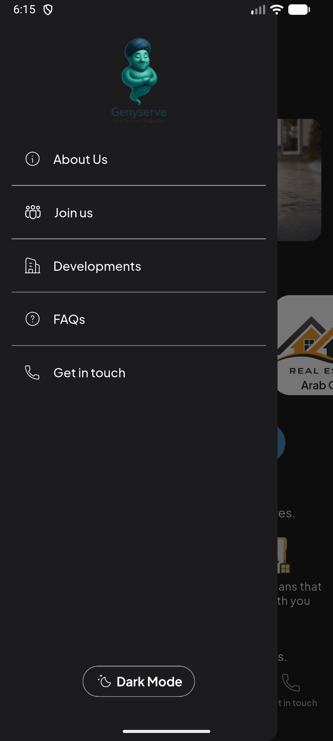 GenyServe navigation drawer